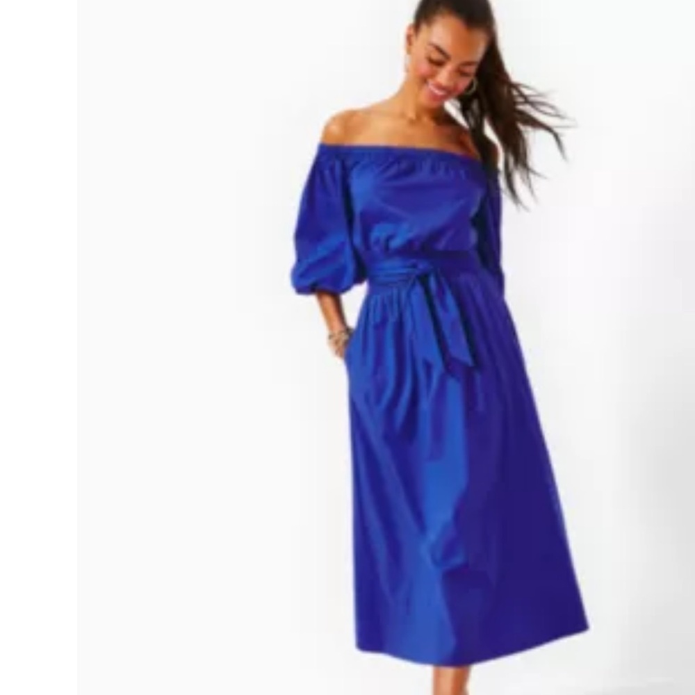 Lilly Pulitzer Blue Off-Shoulder Puff Sleeve Midi Dress NWOT. Never worn.